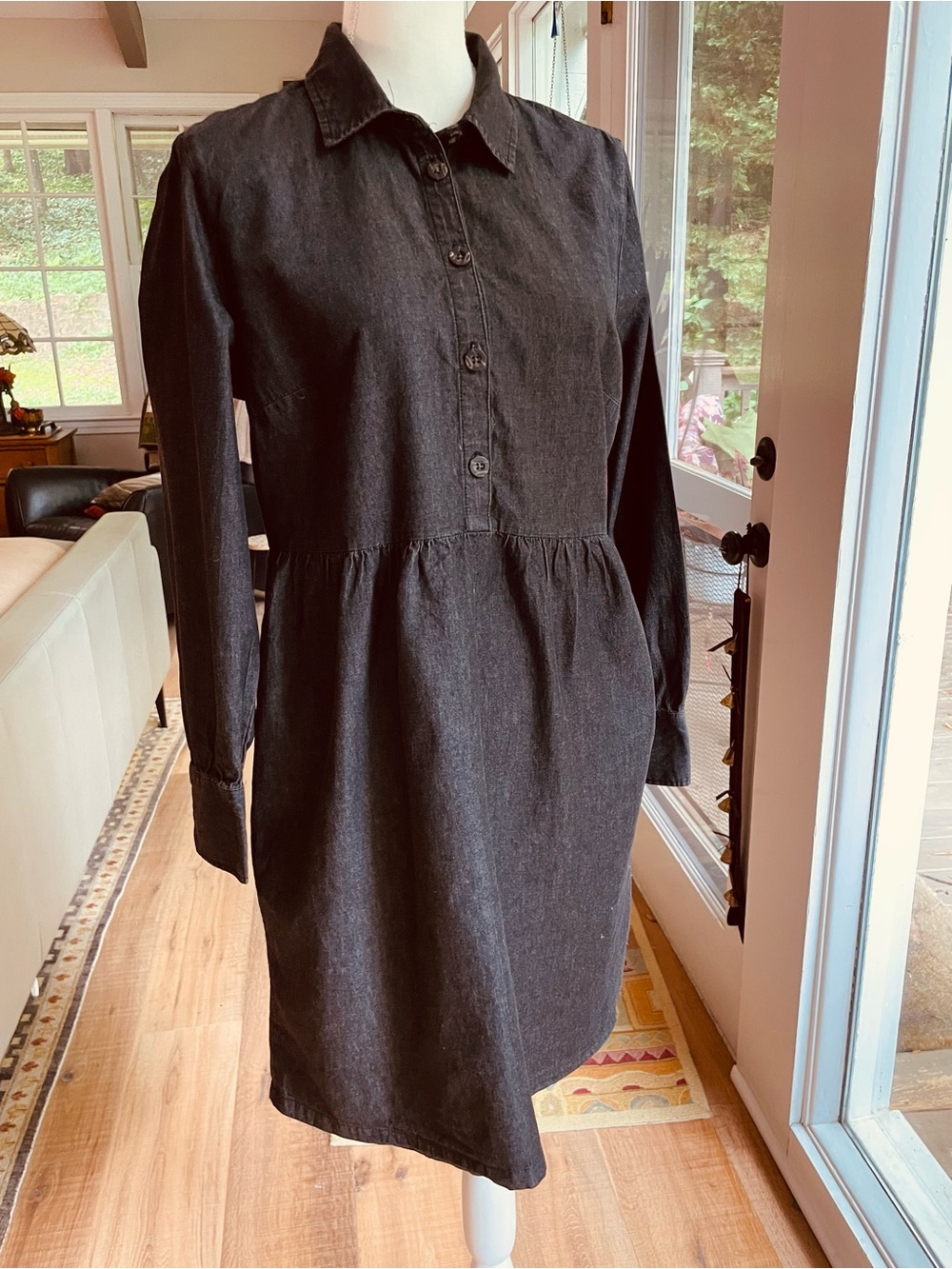 Nine West Black Cotton Long-Sleeve Collared Light/Denim Shirt Dress M